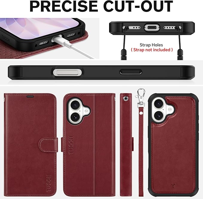 TUCCH Detachable Case Wallet for iPhone 17 (6.3") 2025, Wrist Strap | 4 Card Holders RFID Blocking | Wireless Charging | Stand | 2-in-1 Magnetic | PU Leather | Shockproof Folio Cover | Dark Red