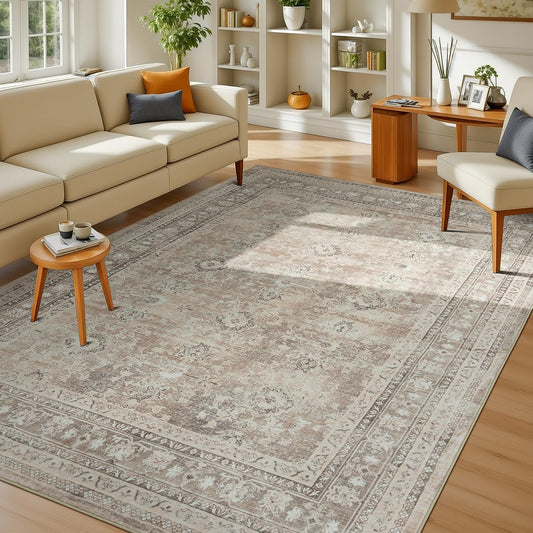 Lessymo 5x7 Area Rugs for Living Room, Machine Washable Non Slip Rug, Soft Low Pile Carpet for Bedroom Dining Home Office, Vintage Beige Distressed Floral Floor Mat