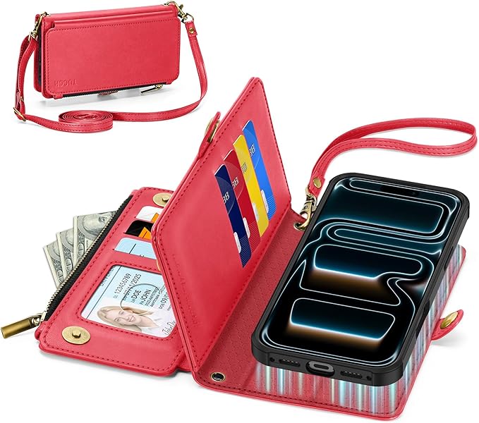 TUCCH Detachable Crossbody Wallet Case for iPhone 17 Pro Max 6.9", 10 Card Slots RFID Blocking | Stand | Lanyard Wrist Strap | Wireless Charging | Zipper Pocket | PU Leather Magnetic Cover | Red