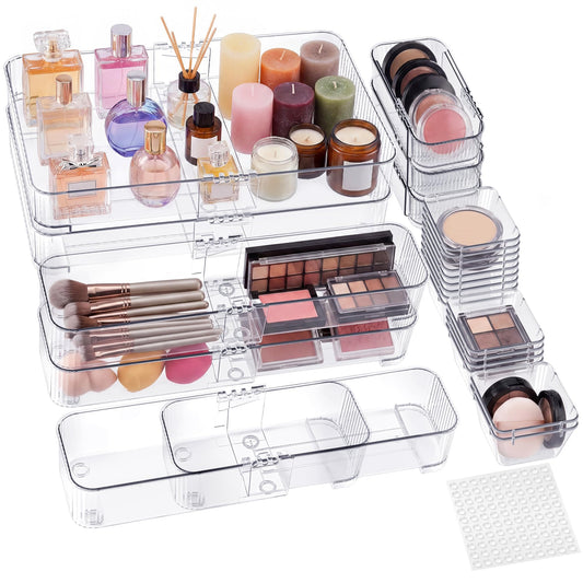Aneco 25 Pieces Extendable Clear Drawer Organizer Adjustable Vanity Storage Box 4-Size Desk Drawer Divider Acrylic Storage Bins for Makeup, Cosmetic, Jewelries, Bedroom Kitchen Utensils Gadgets
