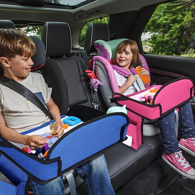 WENRENER Kids Travel Tray for Airplane - Toddler Car Seat Table Tray, Road Trip Essentials for Boys & Girls, Carseat Lap Desk for Kids Road Trip Activities(Navy Blue)