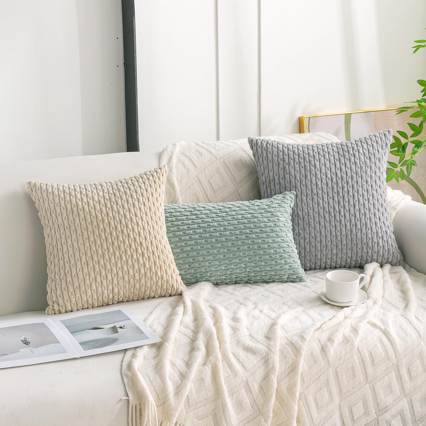 Cozoomy Set of 4 Beige Decorative Throw Pillow Covers 20x20 Inch Corduroy Pillow Covers for Bed Couch Sofa Living Room Soft Square Cushion Cases