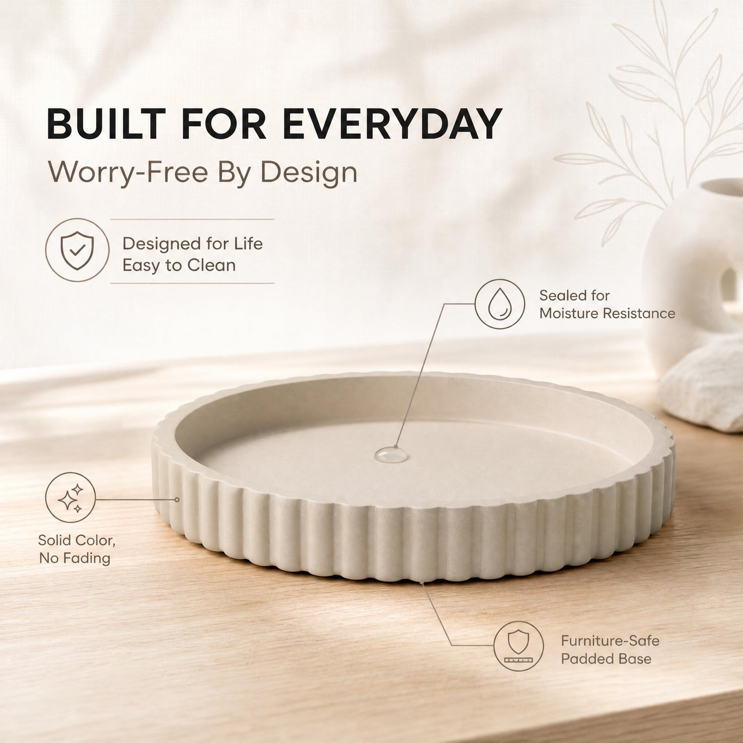 Vivere Home 11-Inch Concrete Round Tray Home Decor for Coffee Table Decor - Round Coffee Table Tray - Circular Kitchen Island Trays - Decorative Trays- Beige