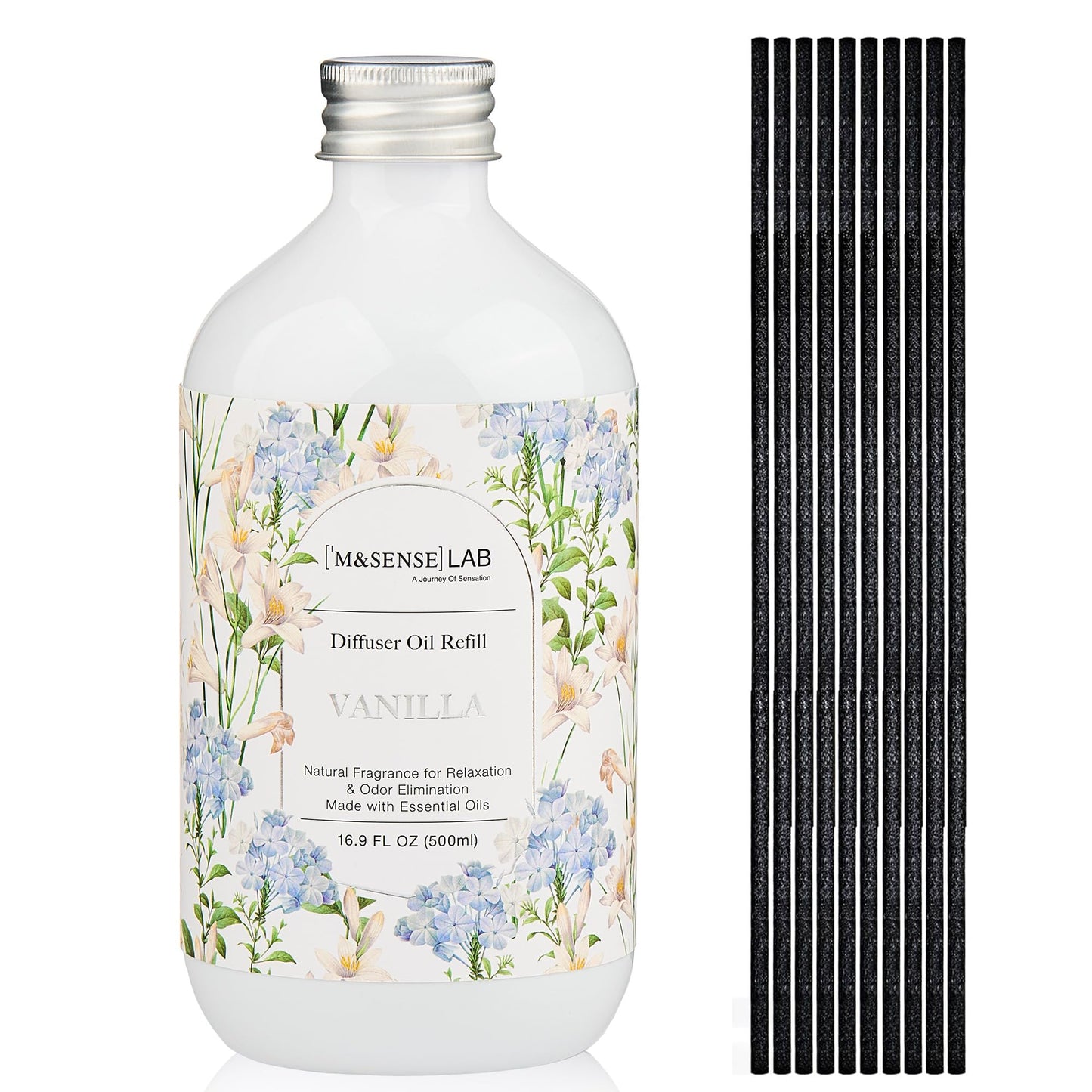 M&SENSE Reed Diffuser Oil Refill, 16.9oz (500ml) with 10 Hollow Reed Sticks, Vanilla Scent Home Fragrance, Scented Oil Refills, Natural Essential Oils for Diffusers, Décor for Home Spa & Office