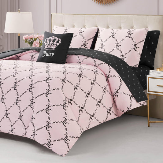 Juicy Couture Light Pink/Black Link Logo Printed Comforter Set, Full – Complete 8-Piece Bed in a Bag Collection
