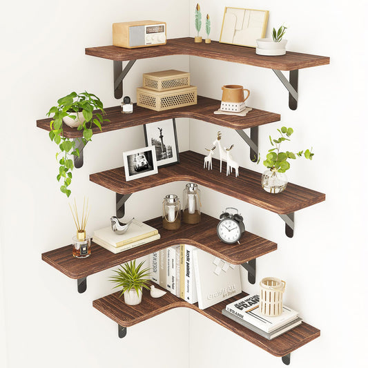 Fixwal Corner Floating Shelves for Wall Set of 5, Rustic Wood Wall Mounted Shelf for Bathroom, Kitchen, Bedroom, Home Decor, Laundry Room, Living Room (Dark Carbonized Black)