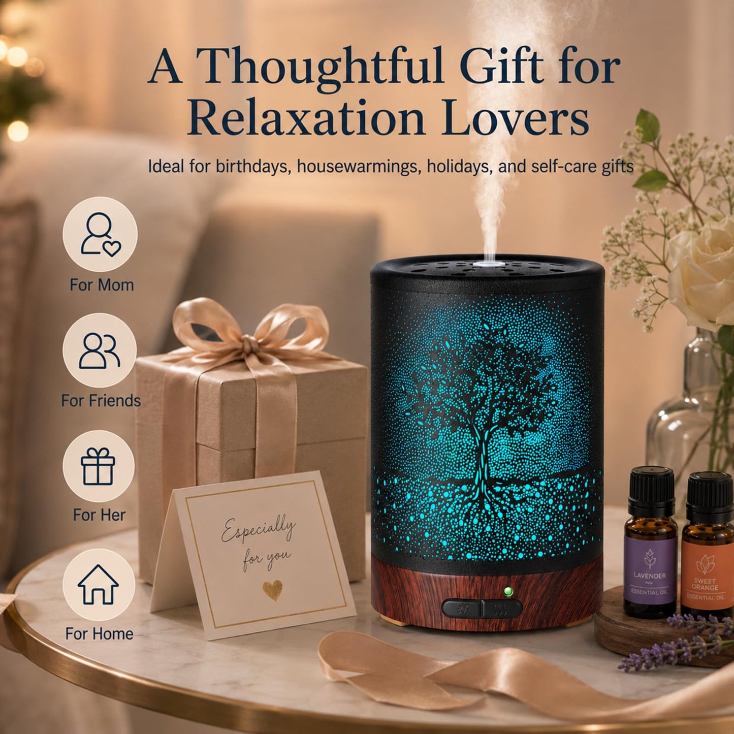 Essential Oil Diffuser- Aromatherapy Diffuser with7 Colors Light and Auto-Off for Women Metal Cool Mist Humidifier for Home and Office for Mom Women(Tree)