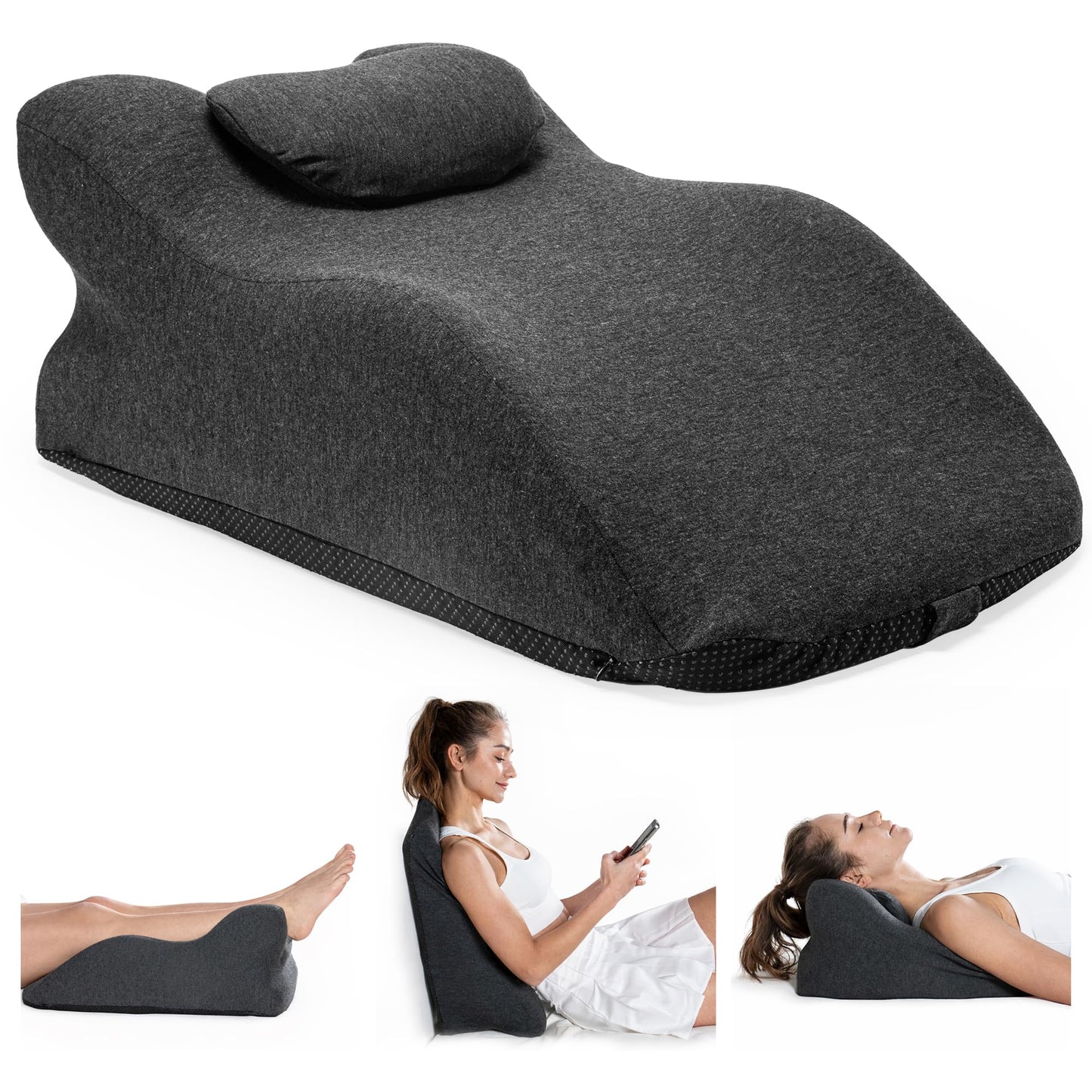 DCUSH Ergonomic Contoured Memory Foam Pillow with Removable Headrest, 27° Angled Support for Neck and Waist, Massages, Reading, Relaxing & Leg Elevation, Removable Washable Cover