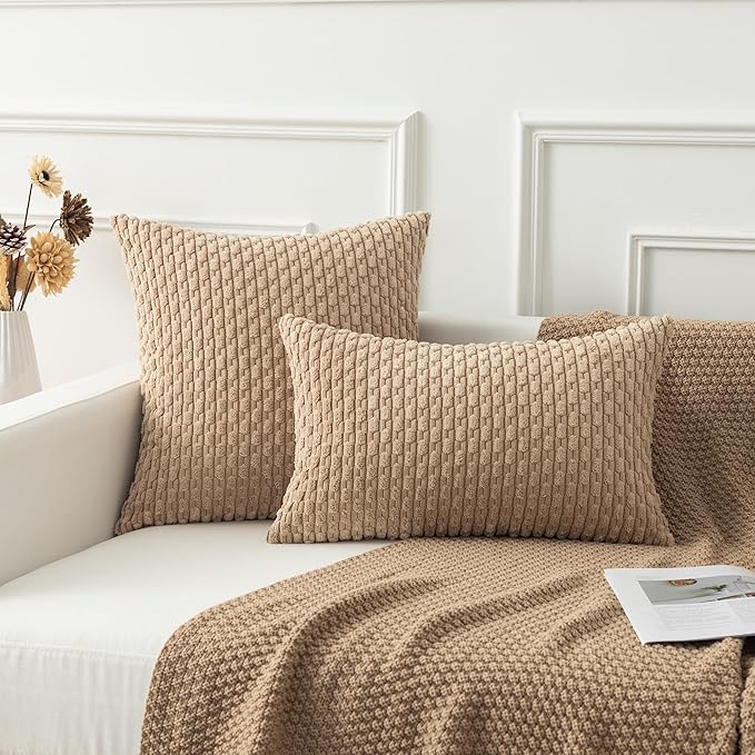 Kevin Textile Pack of 2 Tan Corduroy Decorative Throw Pillow Covers 24x24 Inch Soft Boho Striped Pillow Covers Modern Farmhouse Home Decor for Autumn Sofa Living Room Couch Bed