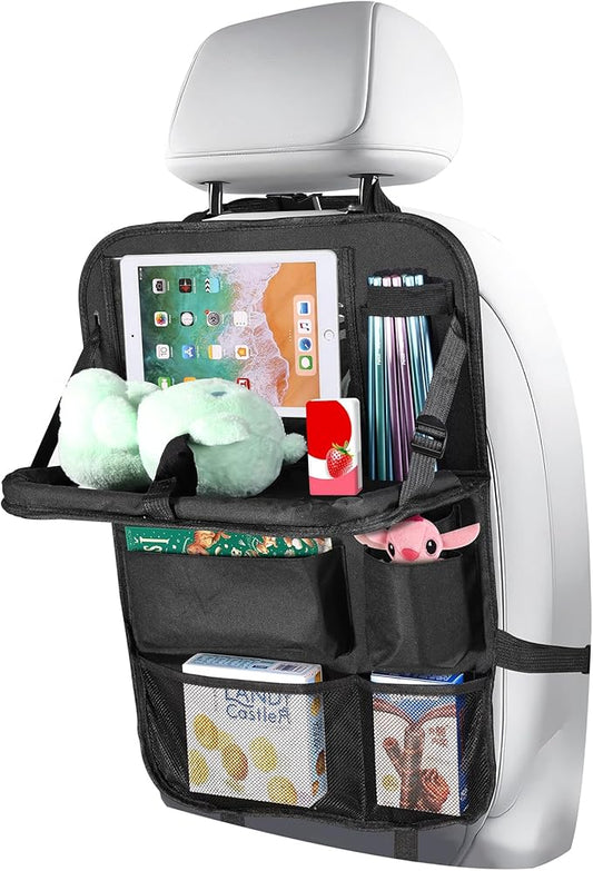 Backseat Car Organizer with Touch Screen Tablet Holder, Storage Pockets, Foldable Food Tray, Kick Mats Back Seat Protector, Travel Accessories for Kids and Adults (Upgraded Rear Organizer-1pcs)