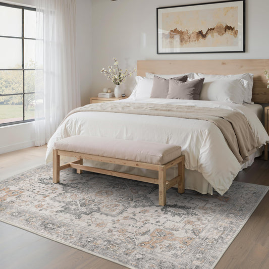 BESBLEE 5X7 Area Rugs for Living Room, Machine Washable Non Slip Vintage Rugs, Low Pile Lightweight Print Rug for Bedroom, Dining Room, Home Office, Light Taupe Brown