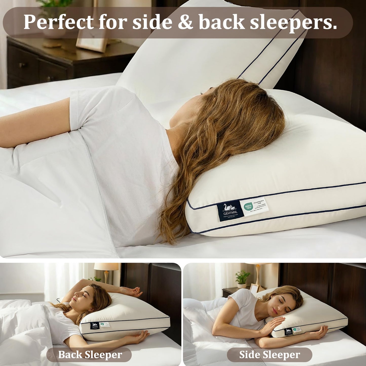 Gehtmnl Feather and Down Fiber Firm Bed Pillows Set of 2, 3-Chamber Design with 2” Gusset, Organic Cotton Cover, Hotel Quality Support for Side and Back Sleeper (2,King(20"x36"))