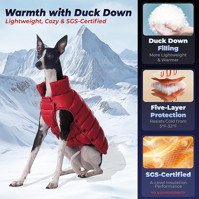 SPACE LION Dog Puffer Jacket, Down Winter Coat, Durable Outdoor Coat for Cold and Windy Conditions, Lightweight & Adjustable Fit Coats for Medium & Large Dogs, (Red, Size 16 Gift Box)