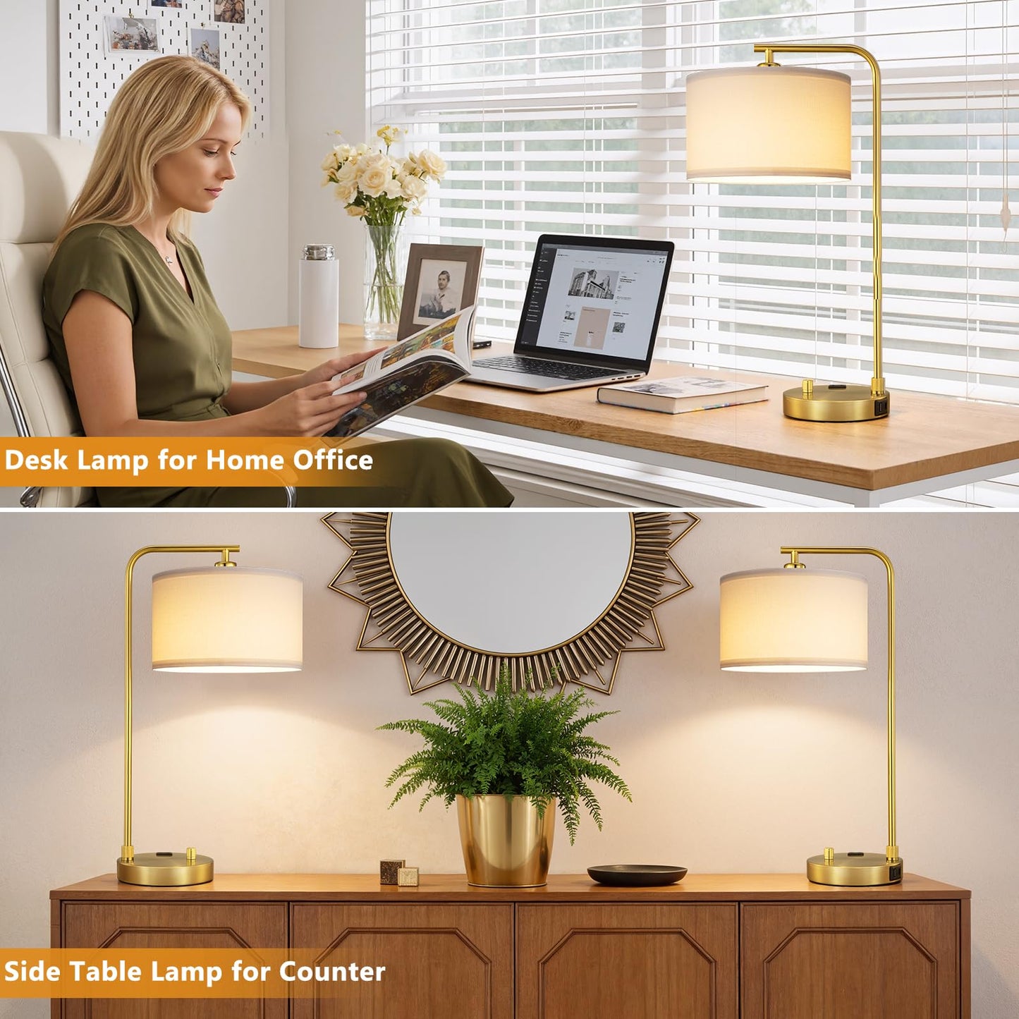 Innqoo Bedside Table Lamps for Bedroom Set of 2-Dimmable Nightstand Lamps with USB Port and Outlet,Modern Gold Lamps with Linen Shade,Tall Desk Lamps for Home Office Bedroom Living Room End Table