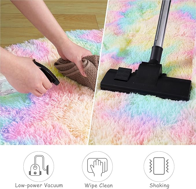 Round Fluffy Rugs 8Ft for Girls Bedroom, Rainbow Shag Circle Kids Rug Non-Slip for Bedside Dorm Nursery Playroom, Soft Cute Area Rugs for Living Room Decor