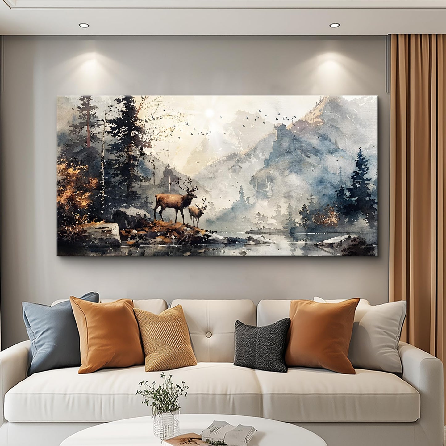 FUHAIHUA Canvas Wall Art For Living Room Large Wall Decor For Office Bedroom Wall Pictures Mountain Forest Landscape Ink Paintings Modern Poster Prints Artwork Room Home Decor Deer Mural 24x48 In