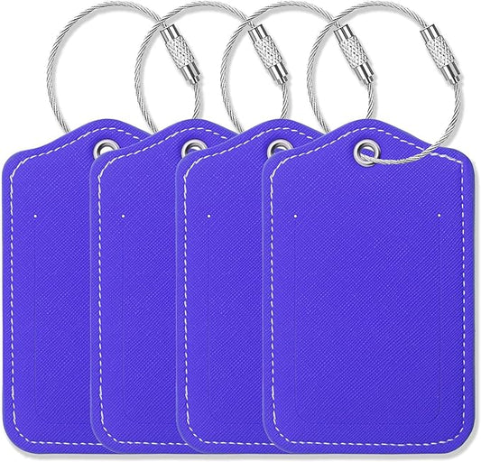 Luggage Tags for Suitcases-Leather Luggage Tag 4 Pack with Loops Cute Bag/Backpack/Suitcase Tags Travel Essentials for Flying (Royal Blue)
