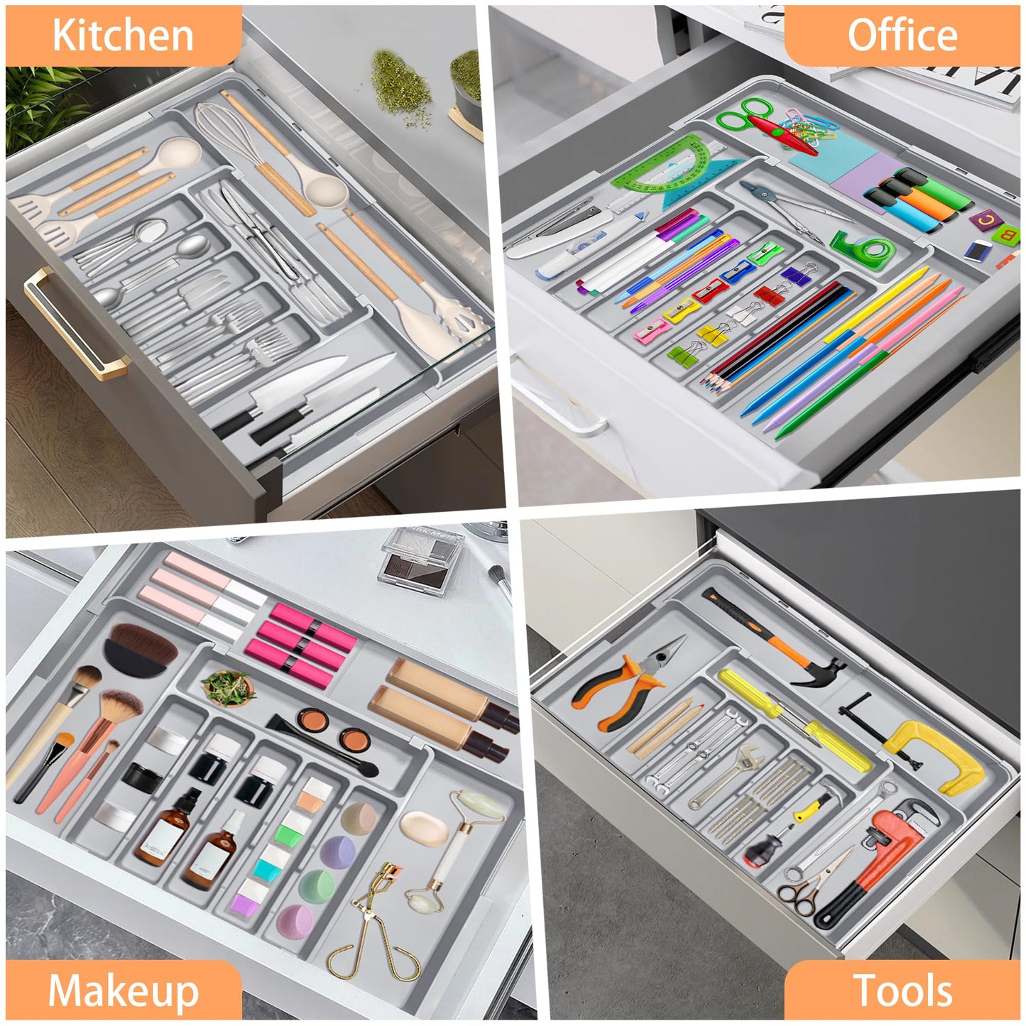 Silverware Organizer Expandable Kitchen Drawer Organizer Adjustable 22"x 19" Utensil Organizer with Rubber Feets Cutlery Drawer Organizer for Spoons Forks Knives Kitchen Organizers and Storage Grey