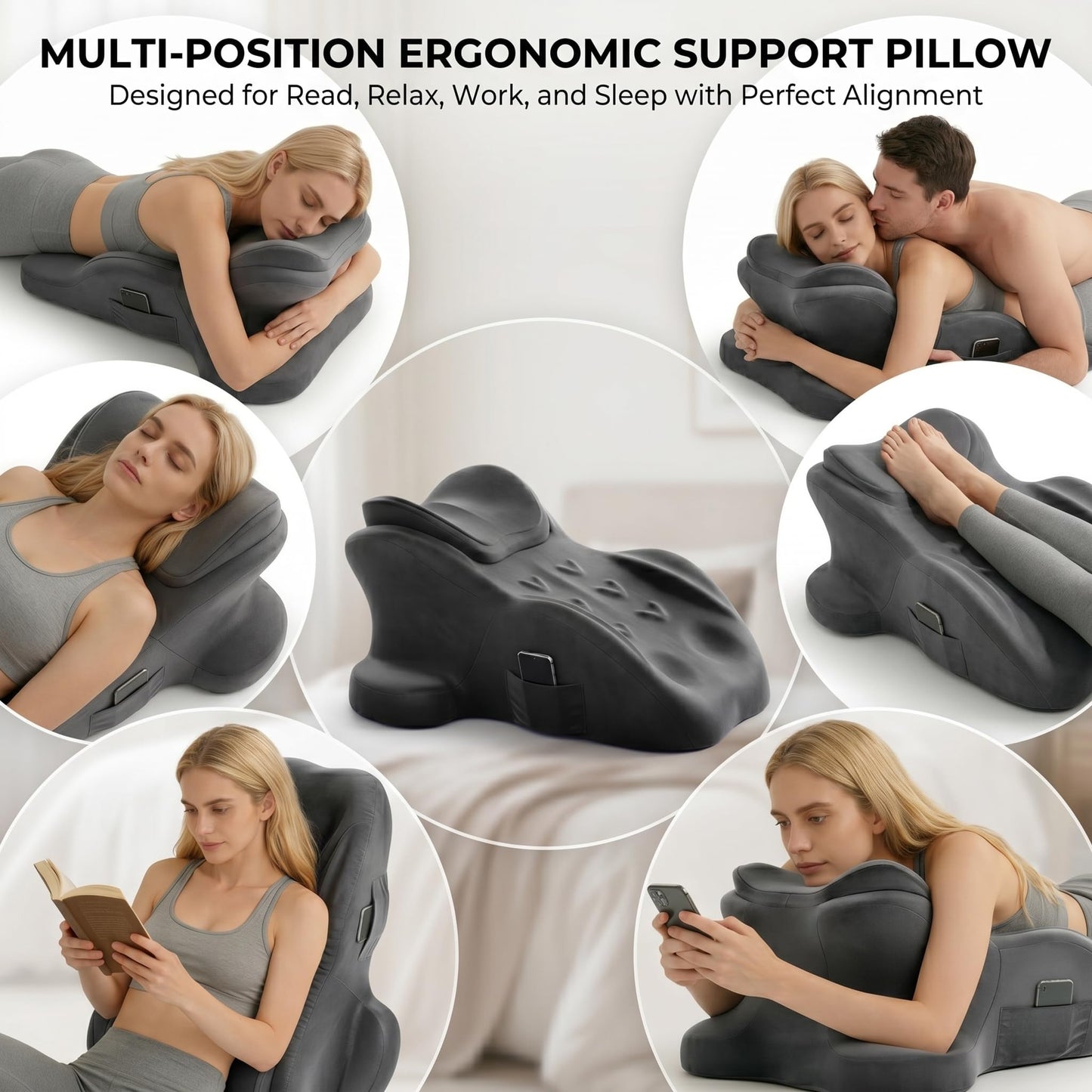 Extra Large Ergonomic Positioning Wedge Pillow, High-Density Memory Foam Support Cushion for Body Support, XL 26" x 20" Size, Multi-Functional Lounge Pillow with Side Pocket & Dual Handles (Grey)