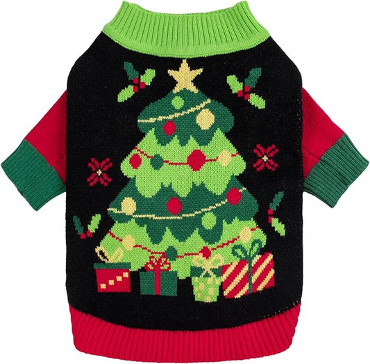 Fitwarm Christmas Tree Dog Sweater, Thermal Dog Winter Clothes for Small Dogs Boy Girl, Cozy Dog Christmas Outfit, Doggy Pullover Jumper, Holiday Pet Apparel, Black, Red, Green, Yellow, XL