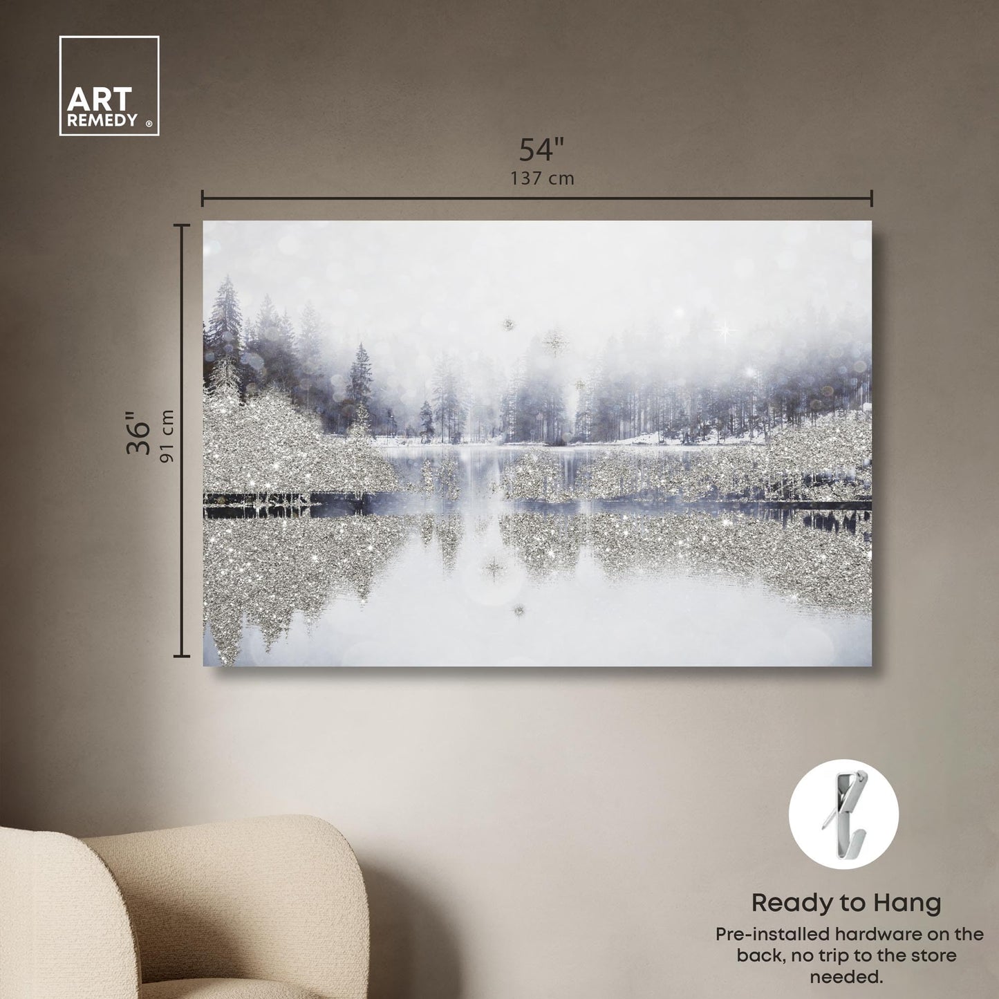 Art Remedy Forest Silver Sparkle Canvas Glam Winter Wall Art, Gallery Wrapped, 54" x 36"