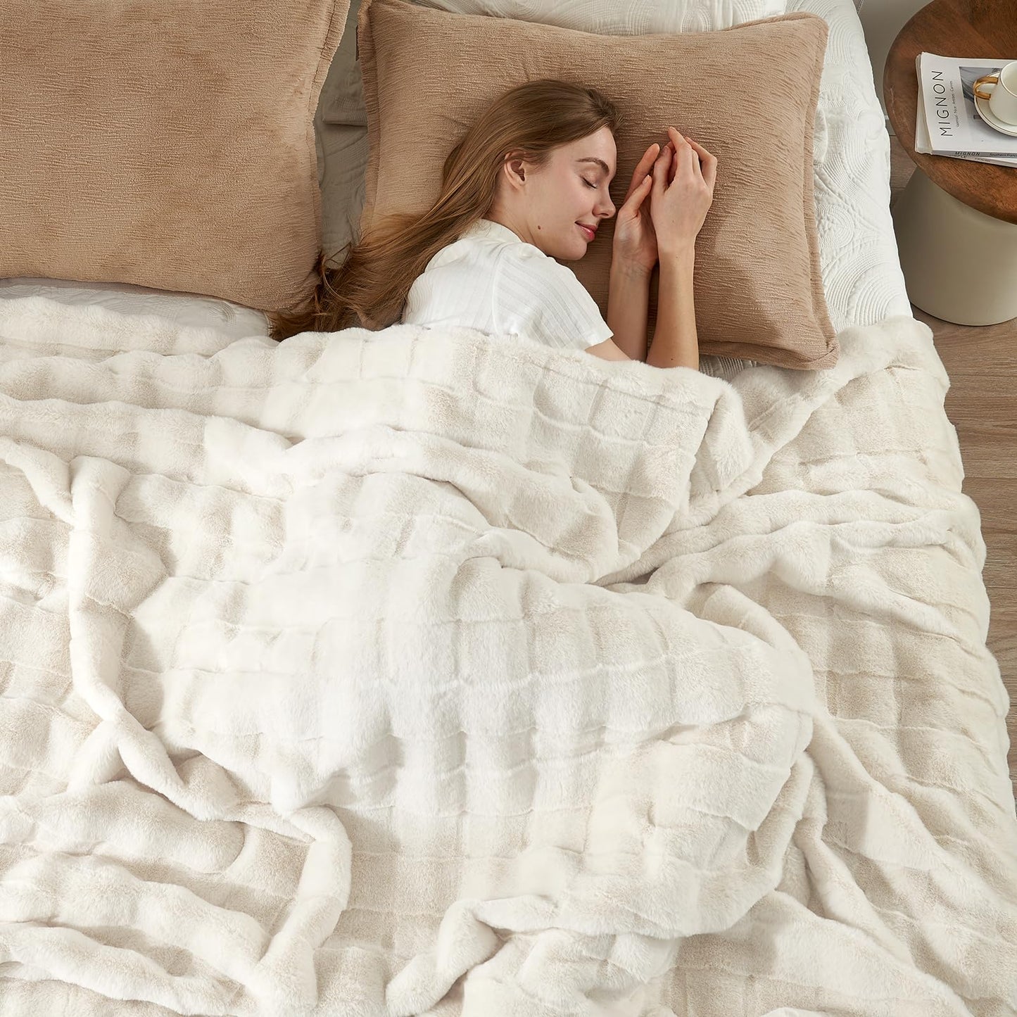 Cozy Bliss Fluffy Faux Fur Blanket Queen Size for Bed, Fuzzy Soft Striped Plush Blanket, Thick Throw for Bedroom Couch Gift, 90x90 Inches Cream White