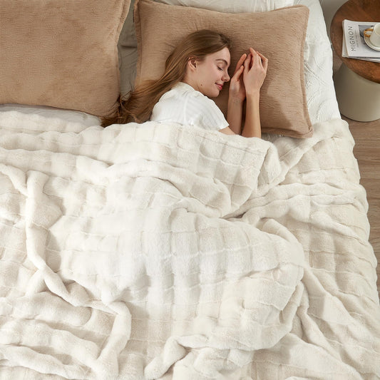 Cozy Bliss Fluffy Faux Fur Blanket Queen Size for Bed, Fuzzy Soft Striped Plush Blanket, Thick Throw for Bedroom Couch Gift, 90x90 Inches Cream White