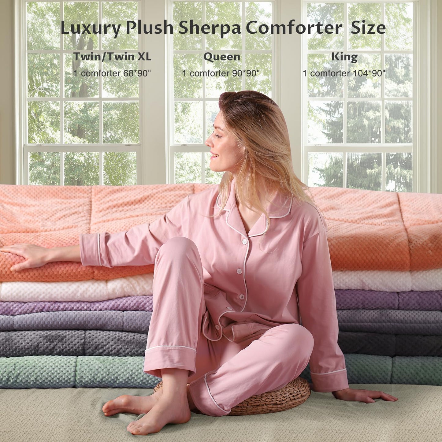 KASENTEX Super Ultra Soft Luxury Plush Sherpa Comforter, Cozy Reversible Faux Fur Machine Washable Bedding, Bright White, Queen Size