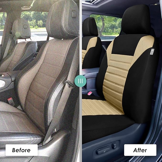 FH Group Automotive Car Seat Covers Front Set Premium 3D Air Mesh Front Seat Covers, Airbag Compatible Universal Fit Interior Accessories for Cars Trucks and SUVs - Beige