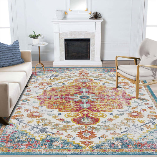 LOOMY Living Room Rug 5x7 Rug Machine Washable Boho Area Rug Non Slip Floral Vintage Low Pile Large Rugs for Living Room, Bedroom, Farmhouse, Dining Room, Kids Playroom
