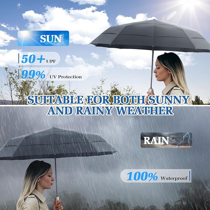 Umbrellas for Rain, 47" Large Windproof Travel Umbrella, Triple-Layer Vented Canopy, 10 Fiberglass Ribs, Auto Open Close Compact Umbrella, Wooden Handle, Heavy Duty for Commute, Gifts for Men & Women