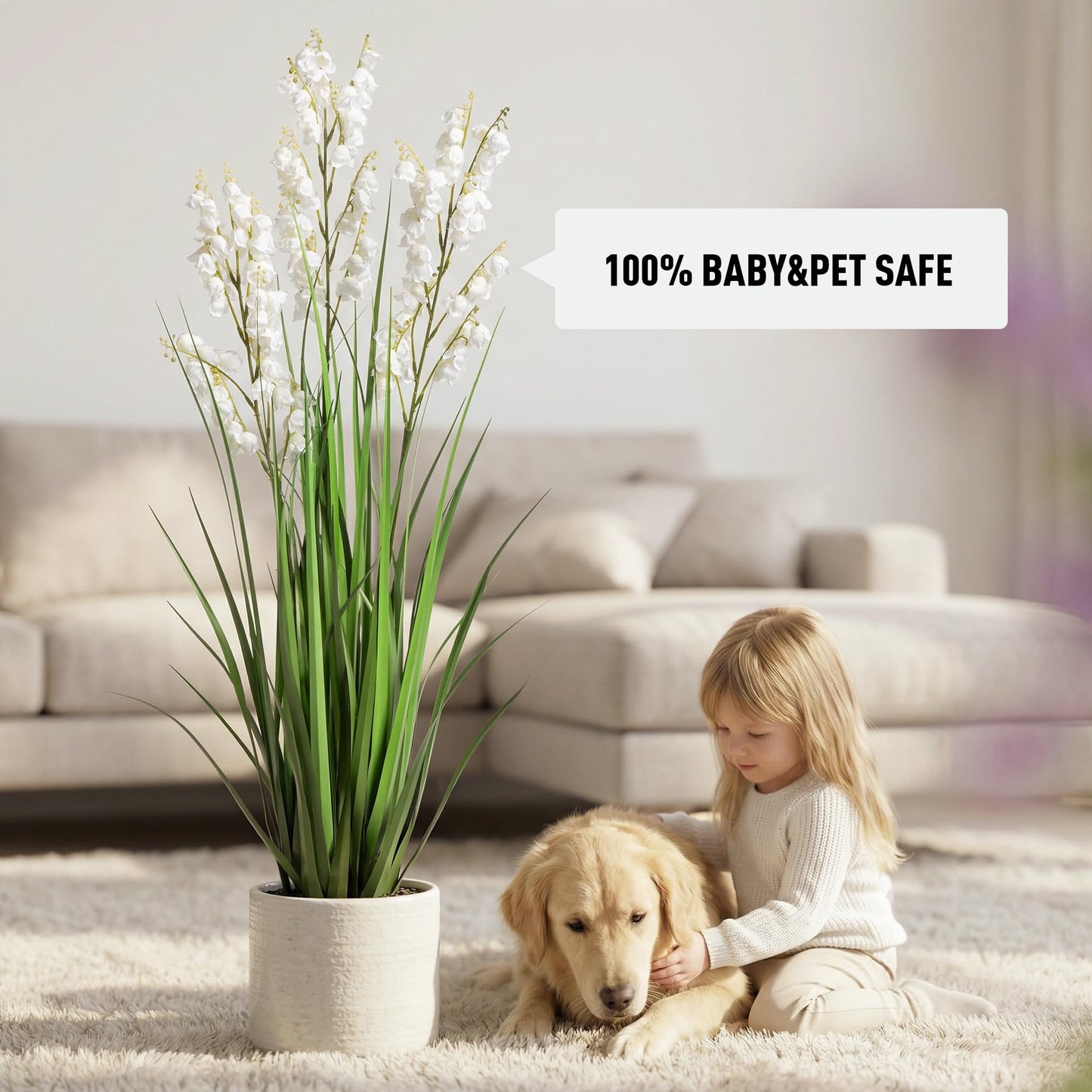 Ttranewsoo Artificial Tall Grass Plants with Pots 36" 1 Pack Lily of The Valley Artificial Grass Home Interior Decorating and Outdoor Garden Decorations(White)