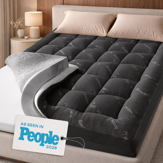 Dual-Layer 4 Inch Queen Size Mattress Topper - 2” Memory Foam + 2” Viscose Made from Bamboo Mattress Pad - Double the Comfort & Back Support - Removable & Machine-Washable Cover, Dark Gray