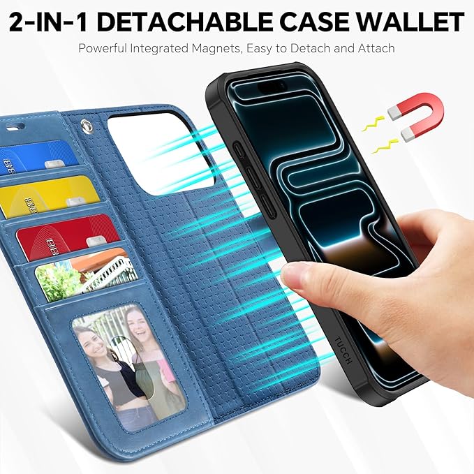 TUCCH Detachable Case Wallet for iPhone 17 Pro (6.3") 2025, Wrist Strap | 4 Card Slots RFID Blocking | Wireless Charging | Stand | 2-in-1 Magnetic | PU Leather | Shockproof Folio Cover | Light Blue