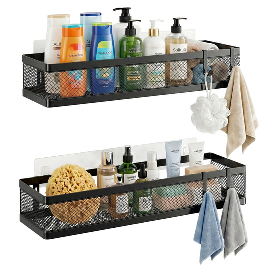 PUSDON 16.5-Inch Extra Long Slim Mesh Shower Caddy, Wall Mounted Bathroom Organizer with Adhesive, Heavy Duty Rustproof Shelf for Narrow Kitchen Pantry & RV, Holds 50 LBS 2-Pack - Matte Black Netting