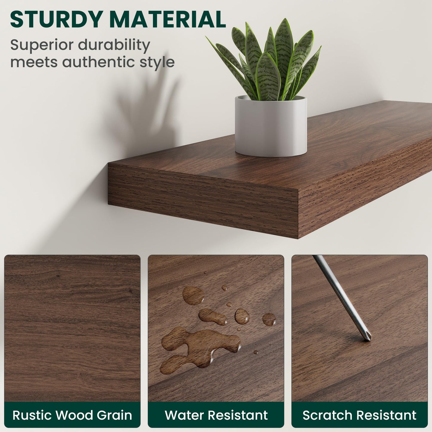 KovaScape Floating Shelves for Wall, 24 Inch x 8 Inch Deep Wall Mounted Wood Shelf with Invisible Brackets for Storage & Display, Living Room Bedroom Kitchen, Walnut, Set of 2