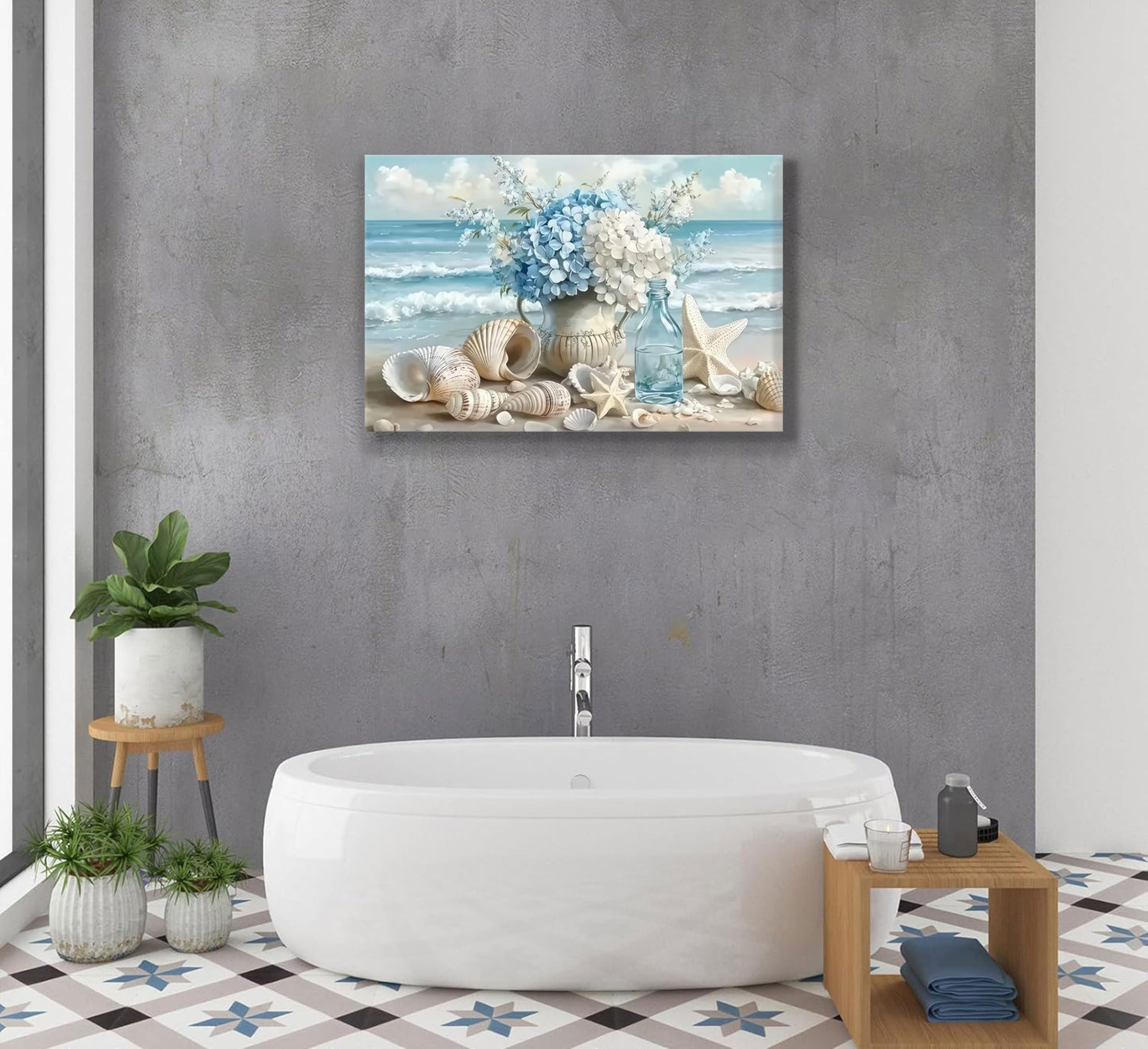 Blue Ocean Beach Wall Art Coastal Bathroom Poster Print Sea Vase Canvas Wall Decor Seaside Seashell Painting Picture for Bathroom Bedroom Living Room Kitchen Office Framed