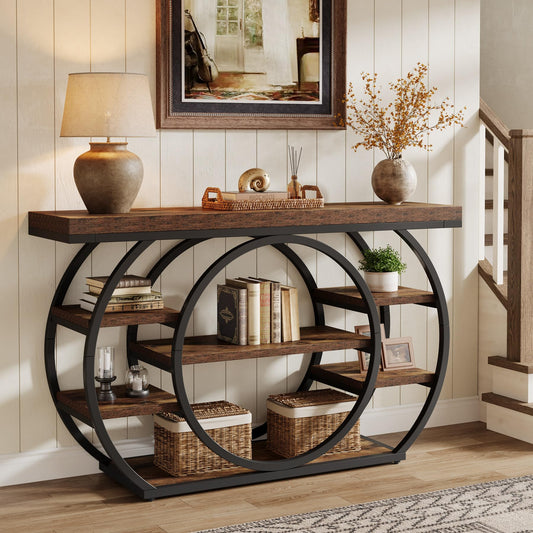 Tribesigns 47" Console Table for Living Room, 5-Tier Industrial Entryway Table with Metal Frame, Narrow Sofa Table Behind Couch Accent Tables for Entryway, Hallway, Foyer, Rustic Brown