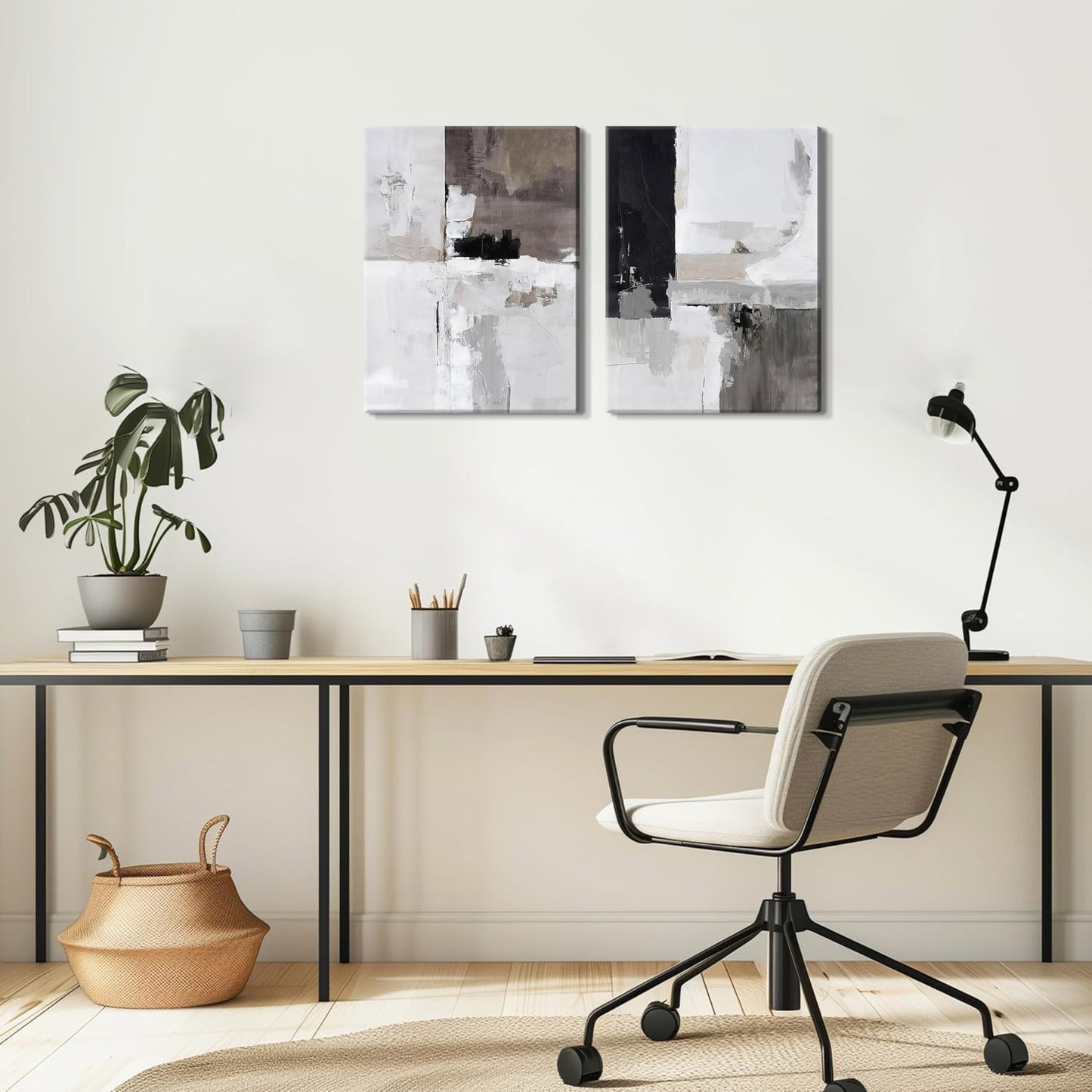Framed Modern Abstract Wall Art Set of 2, Black White Neutral Minimalist Canvas Prints, Contemporary Industrial Artwork, Light Luxury Wall Decor for Living Room Bedroom Office, 16x24in
