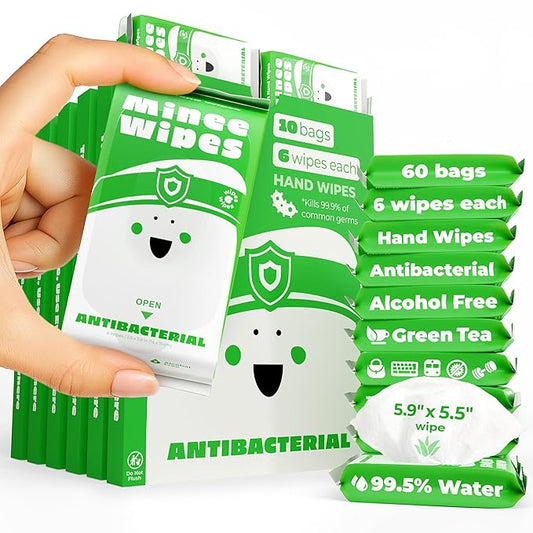 Impossibly Compact Travel Antibacterial Wipes Hand Sanitizer - 99.5% Water and Aloe - Safe for Sensitive Skin & Hypoallergenic Hand Wipes - Travel Essentials For Adults & Kids, 60 Pack Total 360 Wipe