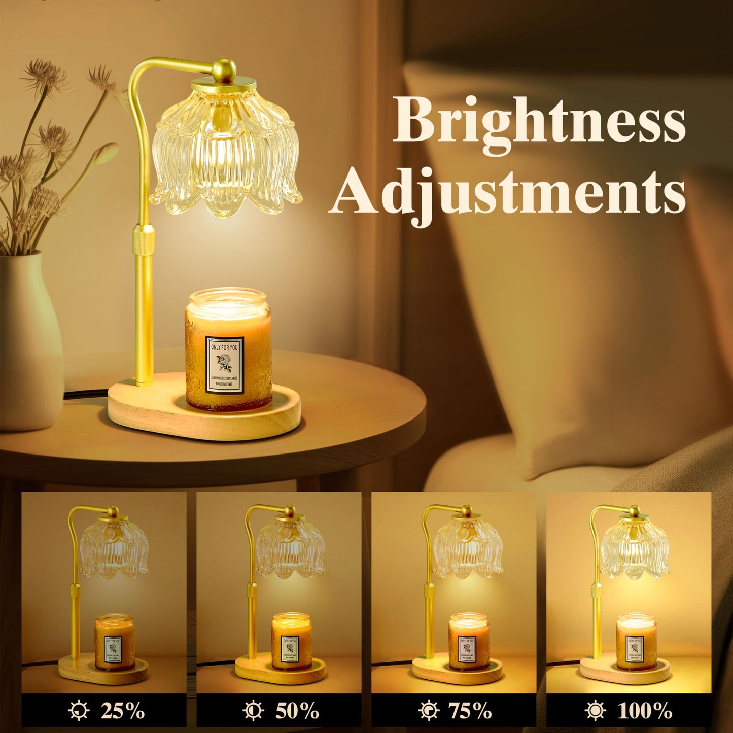 CASTLELIFE Candle Warmer Lamp with Timer & Stepless Dimming, Height Adjustable Electric Wax Warmer for Jar Candles, Flower Wax Melter with Wood Base, Gifts for Women Home Decor, Natural Wood