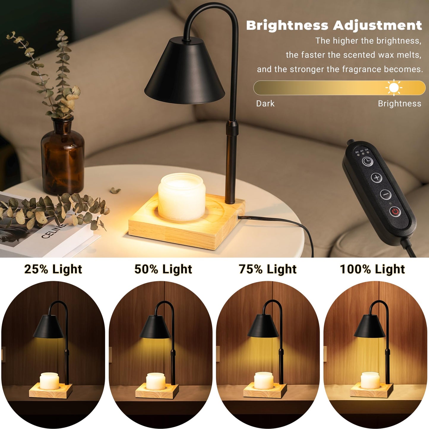 GODONLIF Black Dimmable Candle Warmer Lamp, Adjustable Height, Timer, Wooden Base, for Scented Wax with 2 Bulbs