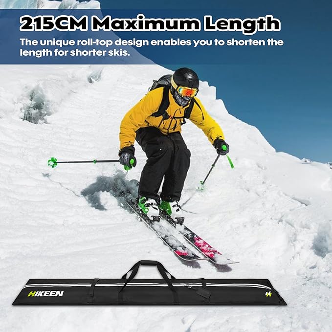 Hikeen Ski Bag for Air Travel,Full Padded Ski Bag Protection, Waterproof Reinforced Ski Travel Bag Fits for Skis Up to 215 CM, Perfect for Skiing, Storage and Transport