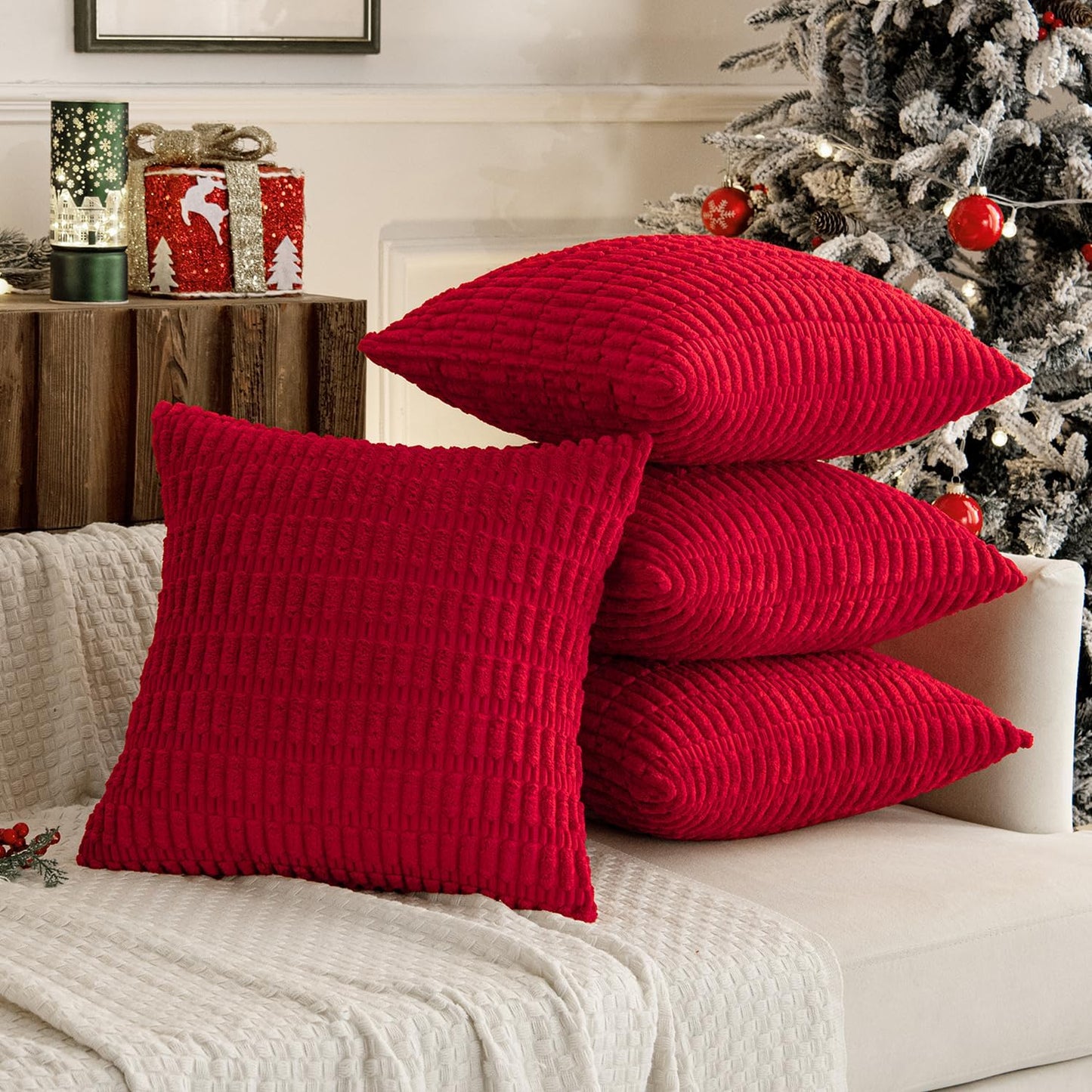 MIULEE Pack of 4 Christmas Red Corduroy Decorative Throw Pillow Covers 18x18 Inch Soft Boho Striped Pillow Covers Modern Farmhouse Home Decor for Sofa Living Room Couch Bed