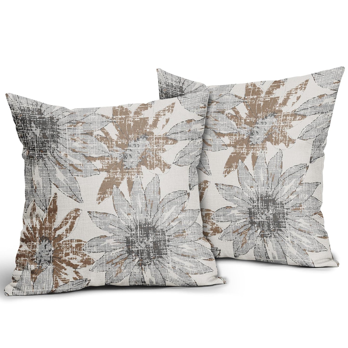Sweetshow Brown Grey Gray Pillow Covers 18x18 Set of 2 Retro Sunflower Flowers Print Decorative Throw Pillows Outdoor Modern Art Floral Pillowcase Square Linen Cushion Case for Home Sofa Couch Bed