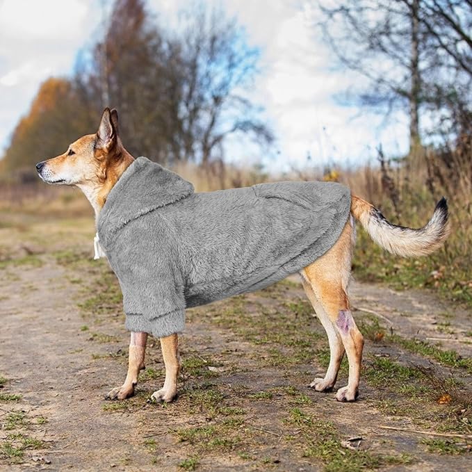 4XL Dog Sweaters for Large Dogs,Dog Hoodie,Warm Fuzzy Fleece Sweatshirt with Hood & Pocket,Leash Hole,Cozy Cold Weather Pet Clothes Sweater Hoodie for Large Dogs(Grey,4XL)