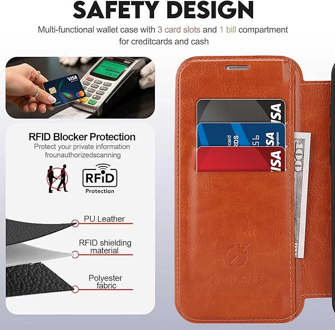 CIVICASE for iPhone 17 Pro Wallet Case with Stand,PU Leather Flip Credit Card Holder Slots (RFID Blocking),Compatible with Magsafe Magnetic Holder Phone Cover Women Men,Brown