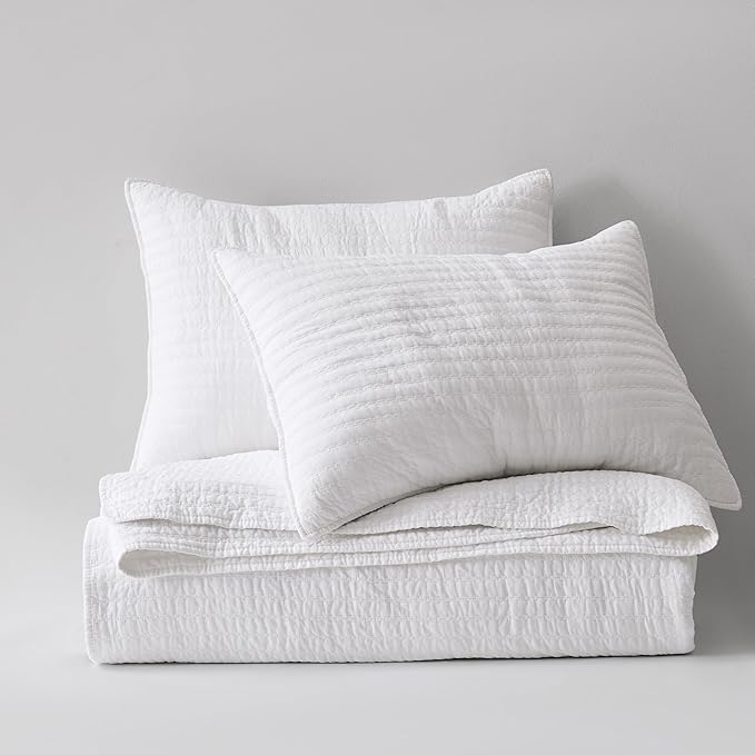 WDCOZY 100% Cotton King Size Quilt Set - White Striped Pick Stitch Soft Lightweight Bedspread, Textured Like Linen, Farmhouse Country Rustic Coverlet, Shabby Chic Gauze Bedding, 3 Pieces