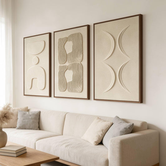 Large 3D Textured Wall Art for Living Room, Set of 3 Wabi Sabi Abstract Sandstone Relief Artwork with Solid Catalpa Wood Frame, Minimalist Triptych Pictures for Hallway Entryway, Sand Beige, 24x36 In