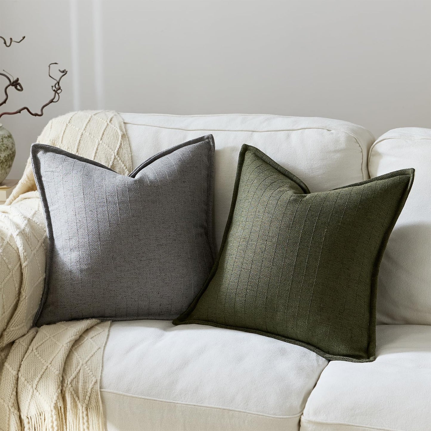 DEZENE 22x22 Linen Pillow Covers Olive Green Pack of 2 Farmhouse Boho Neutral Accents Striped Textured Square Decorative Throw Pillow Cases for Living Room Couch Bed Home Decor